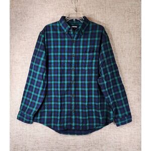 Lands End Traditional Fit Plaid Flannel Shirt Mens L 16-16.5 Navy Green EUC